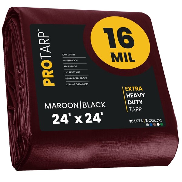 Protarp Heavy Duty Tarp, 24 ft x 24 ft, 16 Mil, Maroon, Polyethylene PT-107-24X24 - main